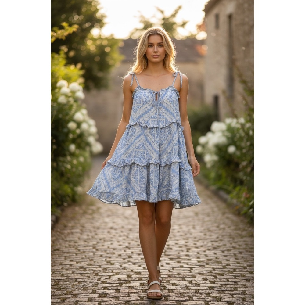 Shop Neighbor floral Tiered  Dress sz S Blue White ruffles cottage‎ core Boho